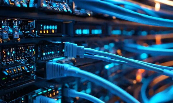 Server Rack with Blue Cables