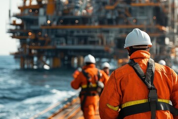 Crew performing an emergency evacuation drill on an oil rig, safety training in industrial environments