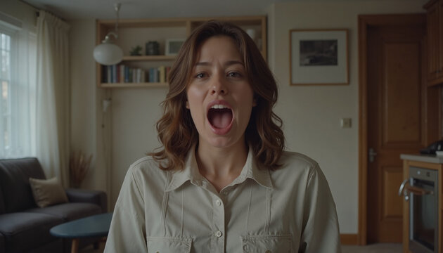 Young woman yawning, winter fatigue, winter exhaustion - Powered by Adobe