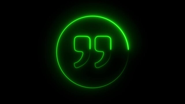 A glowing neon double quote sign icon animation. Quotation mark symbol. Double quotes at the end of words concept.