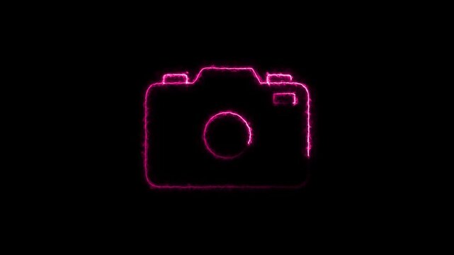 Glowing camera neon icon sign. Digital photography, photo studio, content production concept. Neon line Photo camera on background.