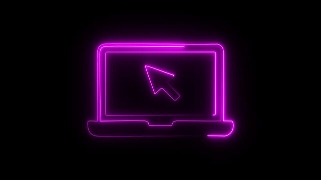 Glowing neon laptop with cursor icon animation. Desktop computer and mouse arrow concept.
