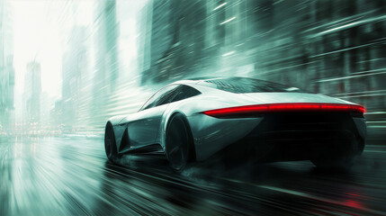 High-Tech Futuristic Car in Luminescent Cityscape