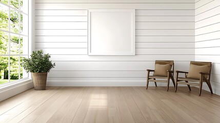 Fototapeta premium A charming farmhouse living room with shiplap walls, distressed wood furniture, and a large blank white frame above the mantel, ideal for displaying family photos or rustic art. 