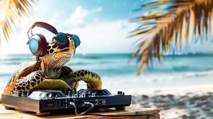 Tropical Beach Party DJ Turtle with Headphone and Music Equipment on a Beautiful Seaside Landscape with Palm Trees and Ocean View