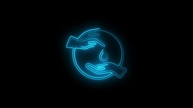 Hand washing  icon animation glow neon. Plenty of soap in your hands and rub your palms well. Ne on glow washing hands to prevent infection animation on background. Hygiene concept.
