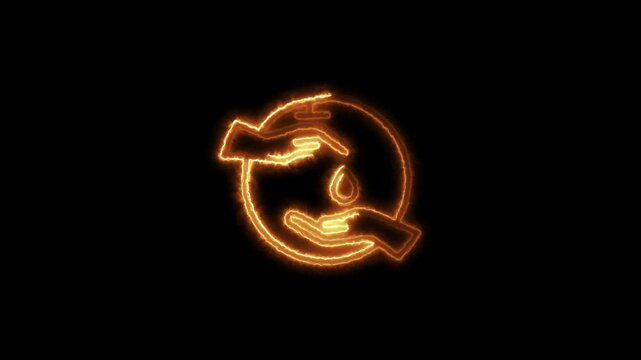 Hand washing  icon animation glow neon. Plenty of soap in your hands and rub your palms well. Ne on glow washing hands to prevent infection animation on background. Hygiene concept.