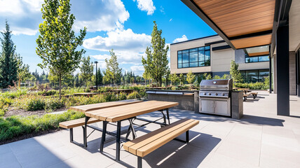 Modern outdoor BBQ area with spacious picnic table and sleek grill, surrounded by lush greenery and bright blue sky. Perfect for gatherings and enjoying nature