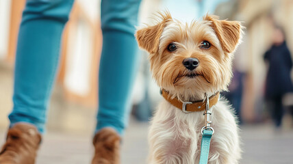 small terrier dog sits patiently on leash, looking up with curiosity as its owner walks nearby. scene captures moment of companionship and trust