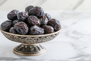 A close-up of Ajwa dates piled high in a decorative dish, highlighting their rich dark texture