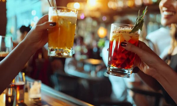 Cheers! Two women clink their glasses with cocktails at a bar.