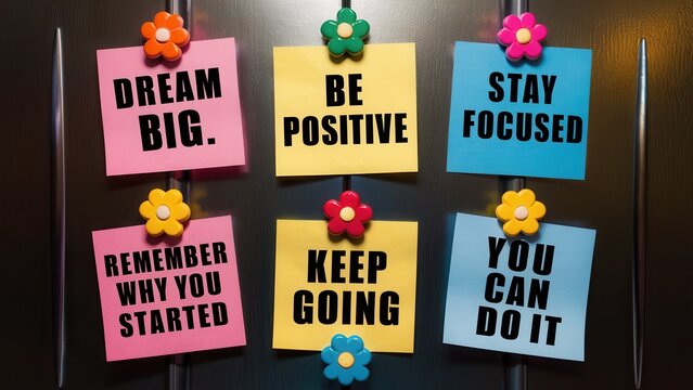 Refrigerator with magnetic motivational sticky notes featuring quotes like "DREAM BIG"