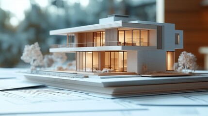 A three-story house model on top of blueprints and architectural drawings, with focus on the exterior design details such as windows, doors, and terrace.