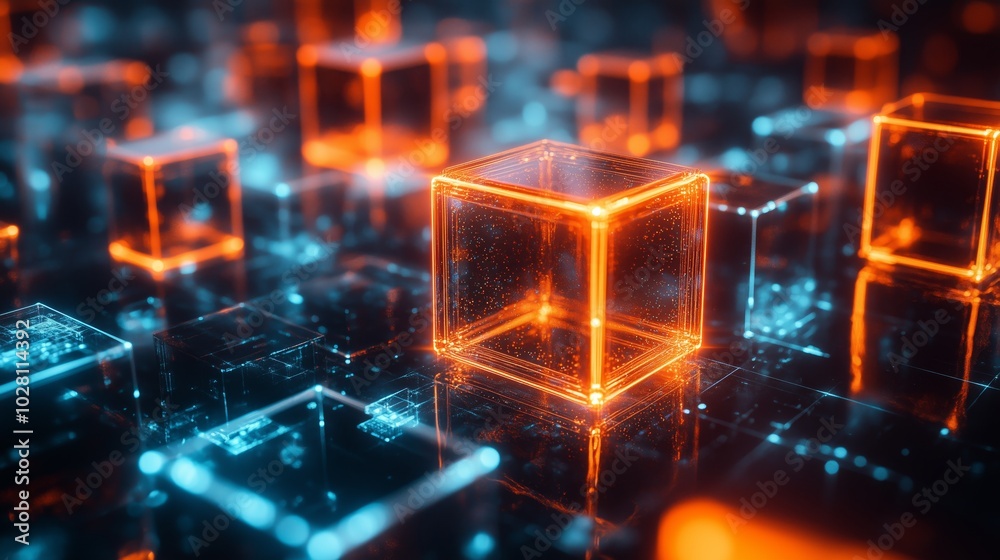 Poster abstract background with glowing neon cubes and glass blocks forming an intricate pattern, symbolizi