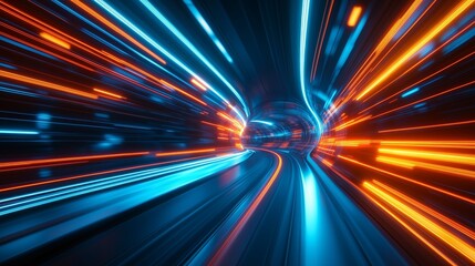 High-speed light streaks in blue and orange, futuristic tunnel background, high speed motion blur