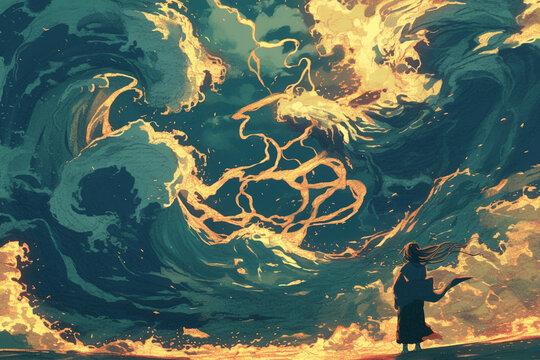 A Man Standing Calmly Amidst a Storm, Where Wind and Lightning Intersect &ndash; Conveying a Powerful Sense of Serenity Within Chaos, Perfect for Evoking Emotion and Strength