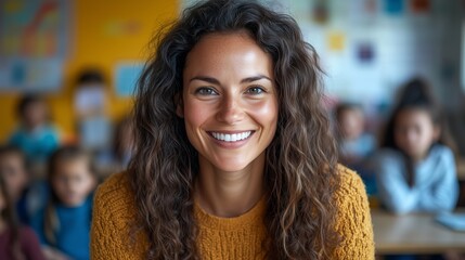 Portrait of smiling female teacher in front on classroom with kids, happy and confident looking at camera while teaching children to study
