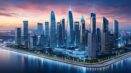 Smart building concept illustration for a city A graphical representation of intelligent city design integrated with IoT and AI technology for efficient urban management