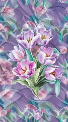 Obraz premium Purple and blue tulips watercolor illustration set. Seamless background pattern. Fabric wallpaper print texture.