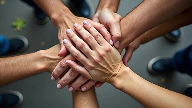 Concept of teamwork and collaboration. Holding hands in close-up top view symbolizes harmony and unity.