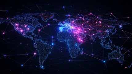 A World Map with Glowing Lines and Nodes Depicting Global Connectivity