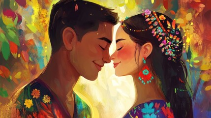 Love in multicultural relationships, showcasing a couple from different cultural backgrounds celebrating their love, emphasizing diversity, mutual respect, and the blending of traditions.