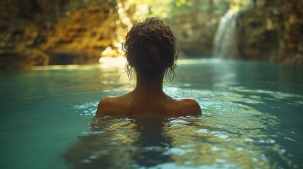 Woman Relaxing in a Tranquil Waterfall Pool
