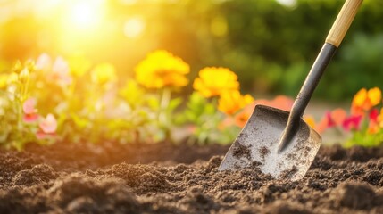 A shovel rests in the soft soil of a colorful flower garden during a beautiful sunset