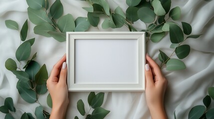 A mockup of hands holding an empty picture frame on top, with white linen fabric and eucalyptus leaves in the background