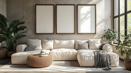 A mockup of blank wooden frames on the wall above an elegant sofa in light beige tones, depicting a Scandinavian home interior design of a modern living room,