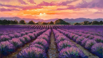 Fototapeta premium Original oil painting of lavender fields on canvas.Sunset landscape.Modern Impressionism