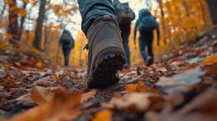 Close-up of hiking shoes walking through an autumn forest, with other hikers in the background