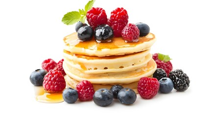 Pancakes stack with different berries and honey isolated on white background. 