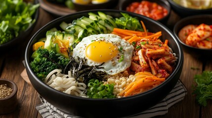 Korean bowl dish in black ceramic with various vegetables and rice noodles