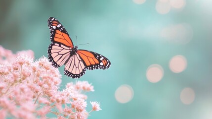 Fototapeta premium A colorful butterfly perches gracefully on blooming flowers, creating a magical atmosphere in warm daylight
