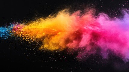 Naklejka premium A dynamic splash of colorful powder fills the air, creating a mesmerizing effect against a pitch-black background