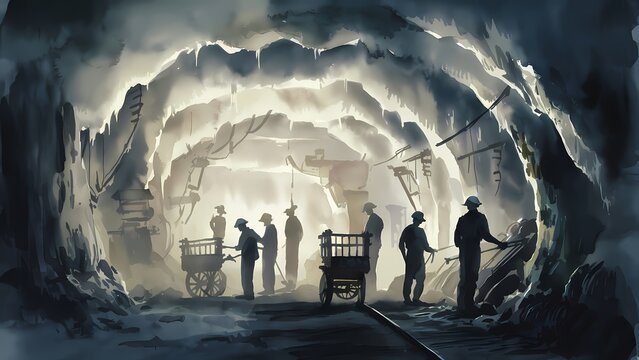 Watercolor illustration of a miner inside a mine shaft filled with fog