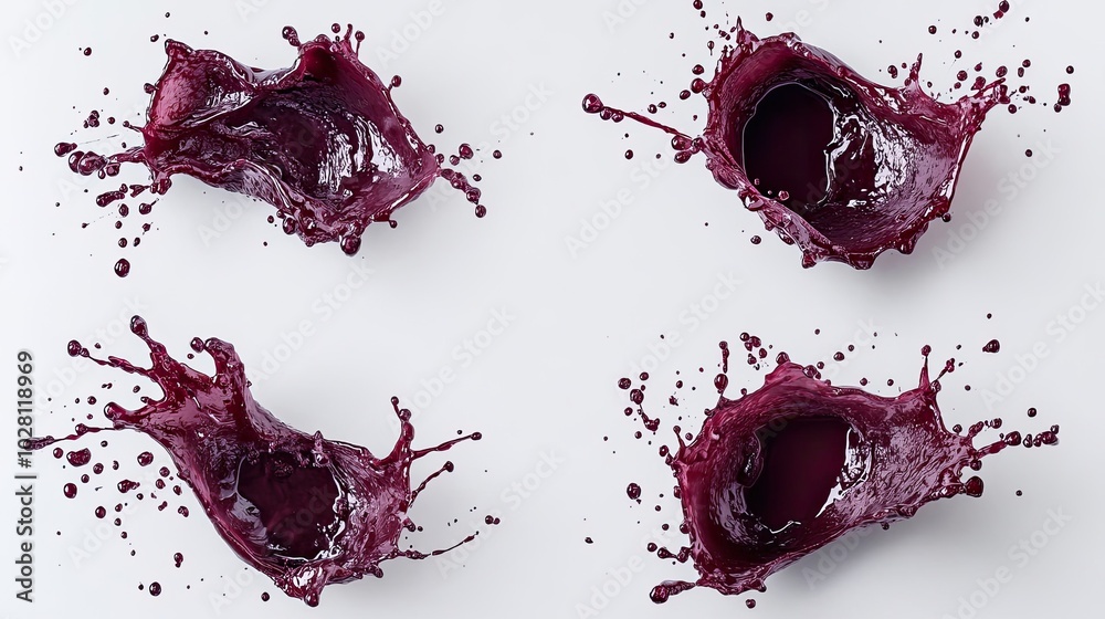 Poster dynamic splashes of red wine captured in four unique patterns generative ai