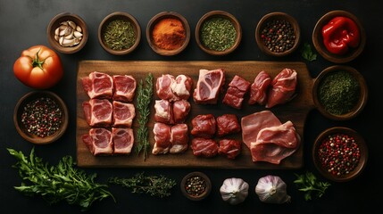 Various meats on the table, top view, a meat board with spices and herbs against a dark background