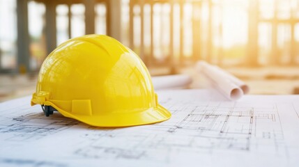 A bright yellow hard hat rests on architectural blueprints at a bustling construction site with wooden structures in focus