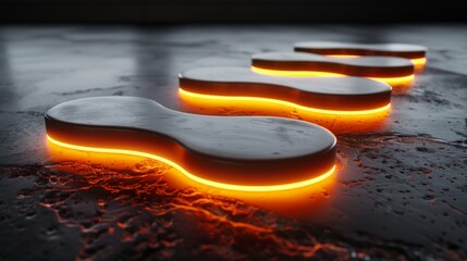 Obraz premium Wallpaper Abstract orange neon glowing shapes are standing on a concrete background