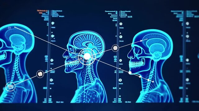 Advanced medical imaging technology in neon blue showcasing a series of brain MRI scans for neurological research and diagnostics in a clinical setting