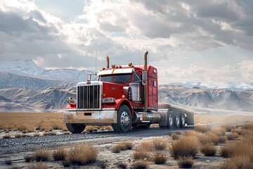 A red semi truck driving down a dirt road