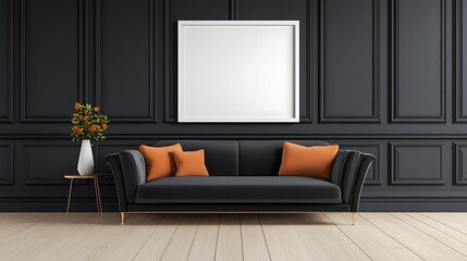 A glamorous Hollywood Regency-style living room with luxurious fabrics, bold colors, and a large blank white frame hung above a chic velvet sofa, perfect for a statement piece. 