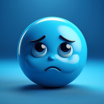 A 3D render of a blue emoji with a sad expression. The emoji is round and has large eyes, a downturned mouth, and a furrowed brow. The blue color symbolizes sadness, while the 3D render gives the emoj