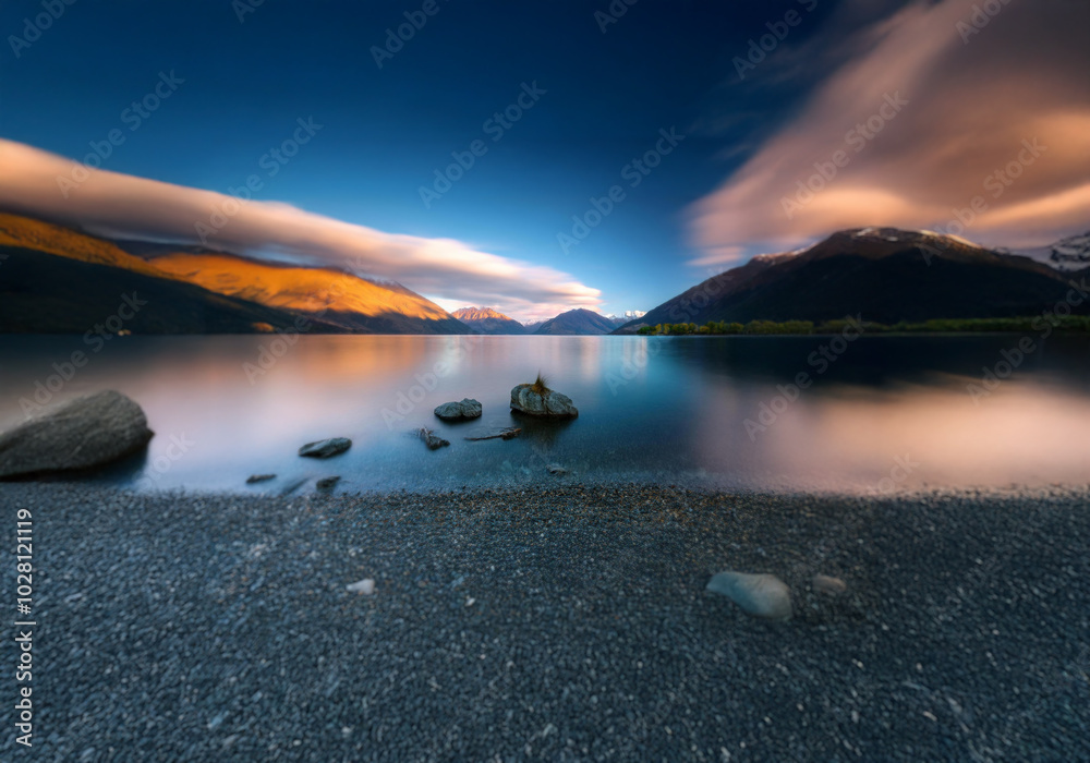 Aufkleber a serene mountain lake with a rocky shore and a single cloud in the sky.