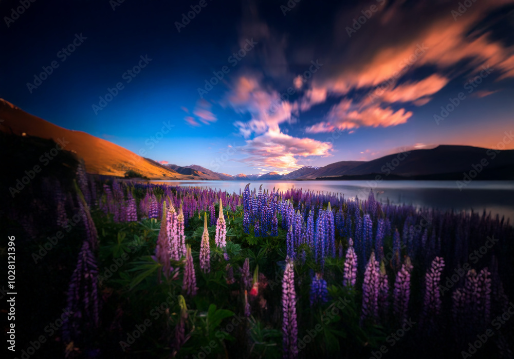 Poster Purple wildflowers line a tranquil lake with mountains in the background and a pink sky with soft, whispy clouds.