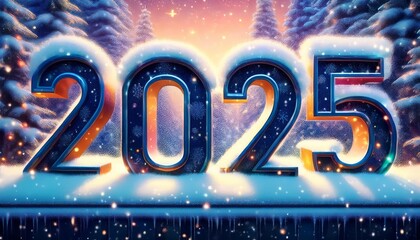 A magical winter scene with the number 2025 illuminated in the snow, representing hope, new beginnings, and the festive spirit of the season.