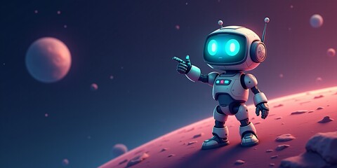 Naklejka premium Smiling cute Robot pointing with his finger in space, with copy space for text.