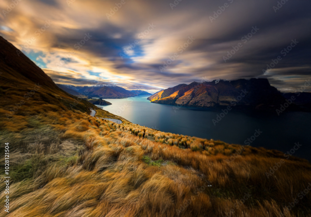 Poster a winding road leads down to a serene lake surrounded by snow capped mountains under a sky with dram